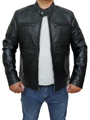 MEN NEW STYLISH LOOK CAFE RACER MOTO BIKER REAL LAMBSKIN BLACK LEATHER JACKET