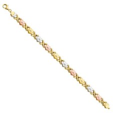 Genuine 14k Tri-Tone Gold Stampato Heart-Shape XO 7.5" Women's Bracelet