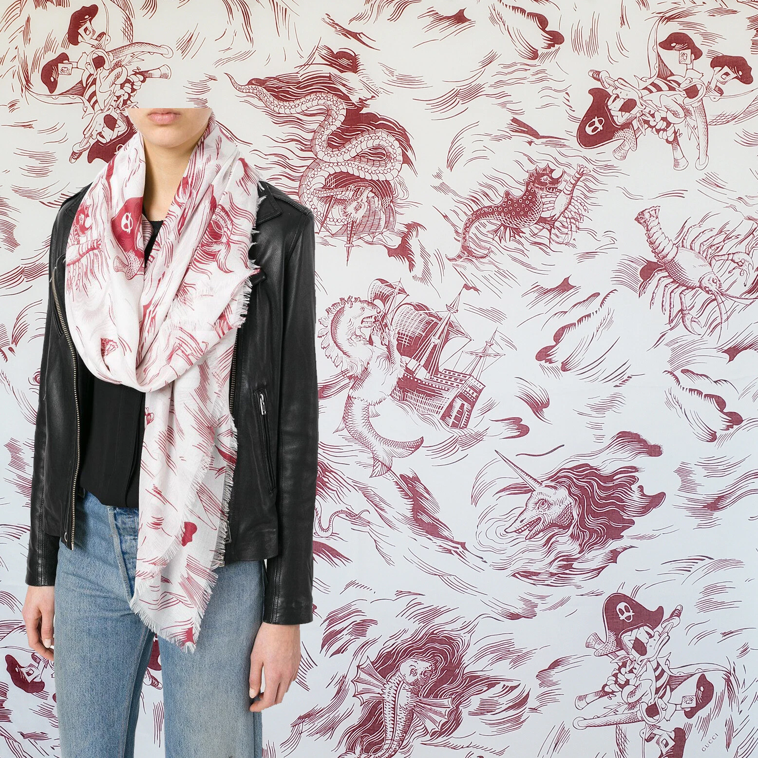 FOULARD GUCCI 463508 DISNEY SEA STORM IMPRIMÉ ROUGE BLANC MODAL SOIE CARRÉ 55