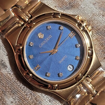 RU1 NOS CAVADINI KING MIDAS SAPPHIRE BLUE STARBURST DIAMOND DIAL MENS GOLD WATCH