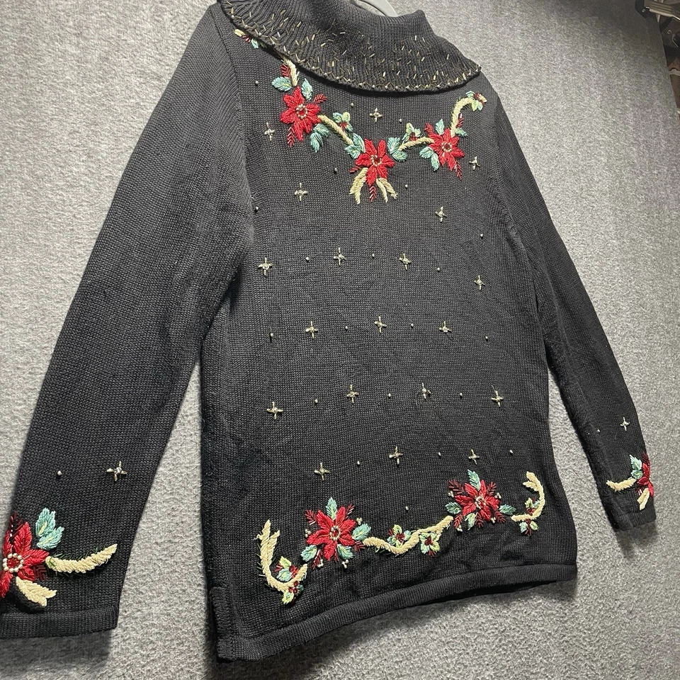 Theme Works by Kikit Christmas Black Turtleneck Sequin Red Poinsettias Size PL - Image 2 of 4