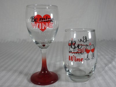 Set of 2 ''Be Mine Wine'' Valentin's Day Wine Glasses. 8 oz & 10 oz. Double-Sided.
