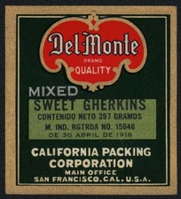 Vintage label DEL MONTE Sweet Gherkins California Packing San Francisco n-mint+