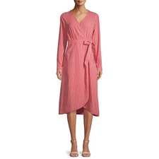 Time and Tru Pink Coral Striped Faux Wrap Midi Dress Long Sleeve Size S