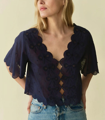 Doen Women's Kacy Adriatic Navy Blue Bow Embroidery Blouse Cotton Tunic Top S