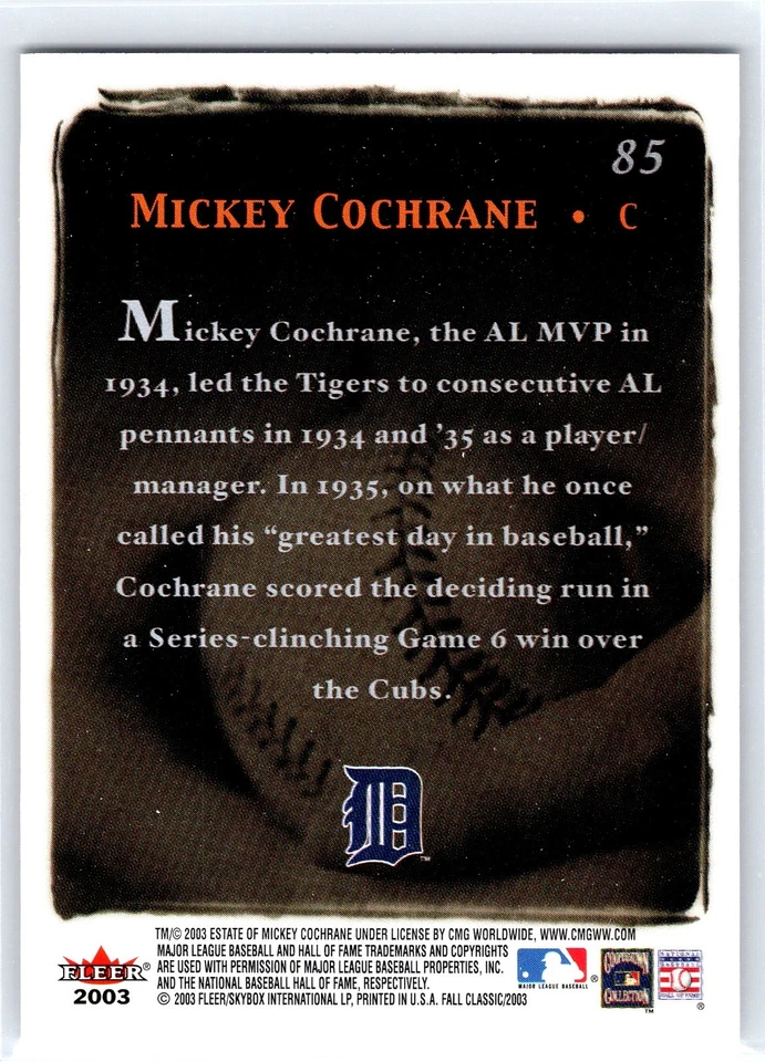 Mickey Cochrane 2003 Fleer otoño clásico impresión corta patio Detroit Tigers #85B Foto 2 de 2