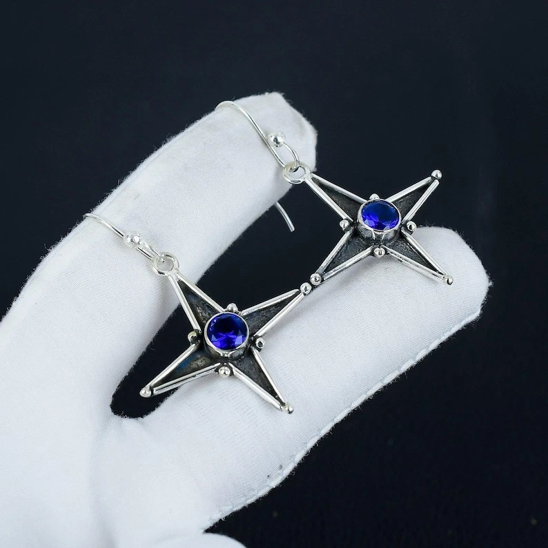 925 Sterling Silver Blue Tanzanite Gemstone Handmade Jewelry Earring Size-1.5" - Image 2 of 4
