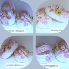 BABY CROCHET VERANO CROCS CINTA ZAPATOS SANDALIAS BOTAS BLANCO ROSA FLORES CORAZÓN.