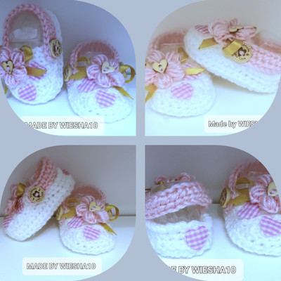 BABY GEHÄKELT SOMMER CROCS BAND SCHUHE SANDALEN STIEFEL WEISS ROSA BLUMEN HERZ.