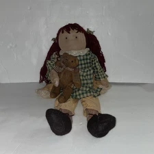 Vintage Rag Doll in Green Plaid Dress with Brown Teddy Bear