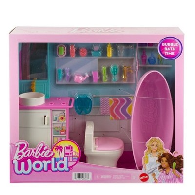 Barbie World Bubble Bath Time Set with 19 Dollhouse Accessories HYR09 🆕 