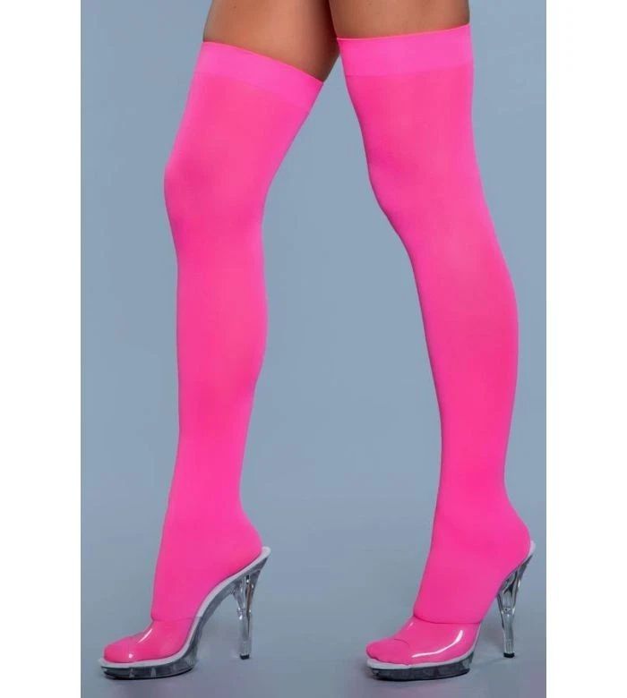 Medias hasta los muslos de nailon opacas coloridas Be Wicked, rosa neón, talla única Foto 3 de 3