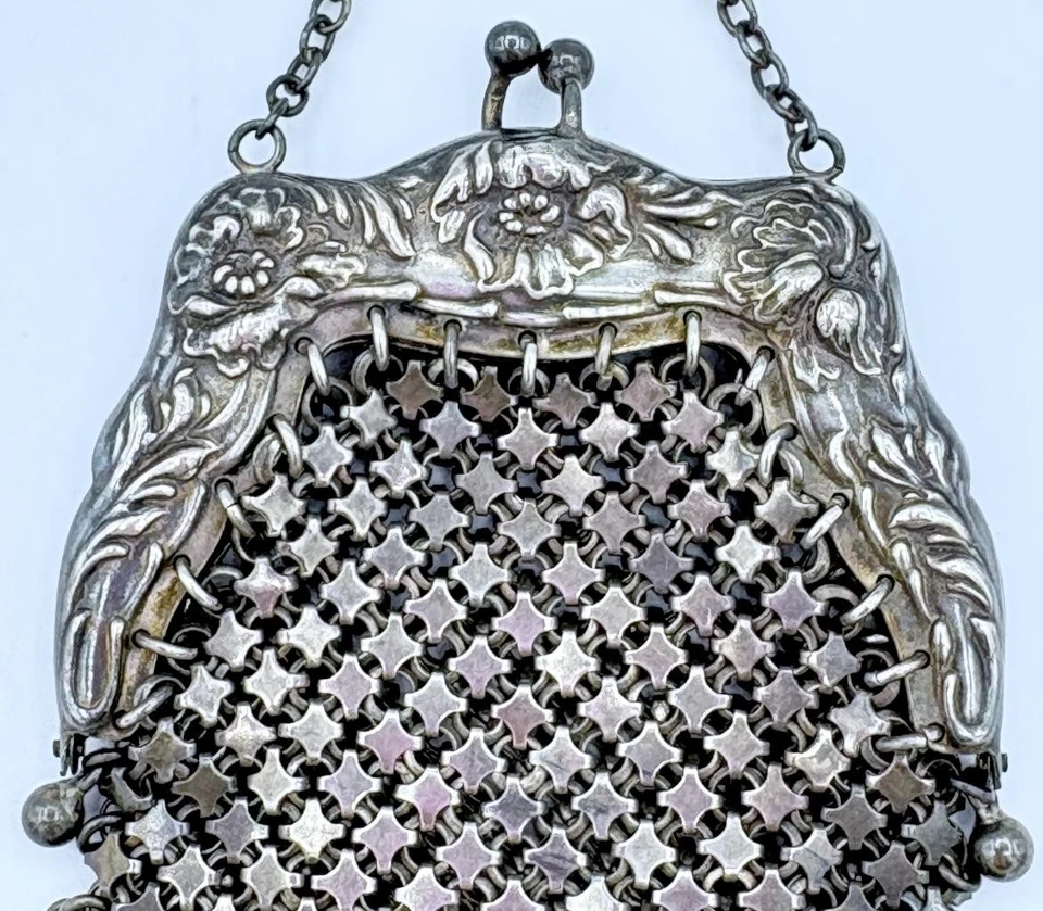 Antique Art Nouveau Whiting & Davis Sterling Silver Mesh Chatelaine Purse - Image 4 of 4