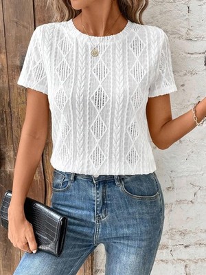 European and American solid color round neck casual short sleeved jacquard