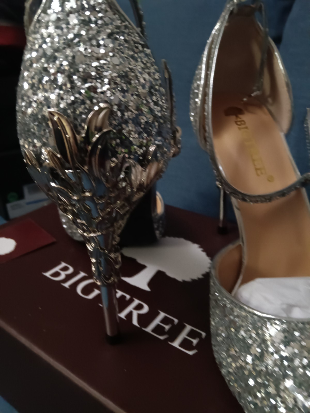 BIGTREE Silver Glitter Pointed Toe Stiletto Ankle Strap Heels