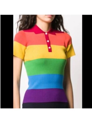 ROKH Multicolored Rainbow Striped Polo Shirt Small Stretchy Jumper Top Immaculat