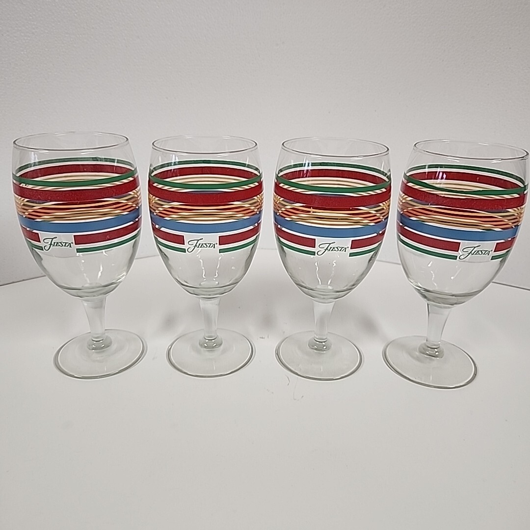Set of 4 Fiestaware - Libbey Multicolor Stripes Water Goblets Glasses 7" Fiesta