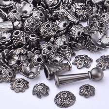 20 Flower Bead Caps Black Gunmetal Tone Spacers Findings Floral Mixed Set