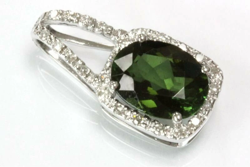 2 ctw Natural Green Tourmaline & Diamond Solid 14k White Gold Halo Pendant 18 MM - Image 2 of 2