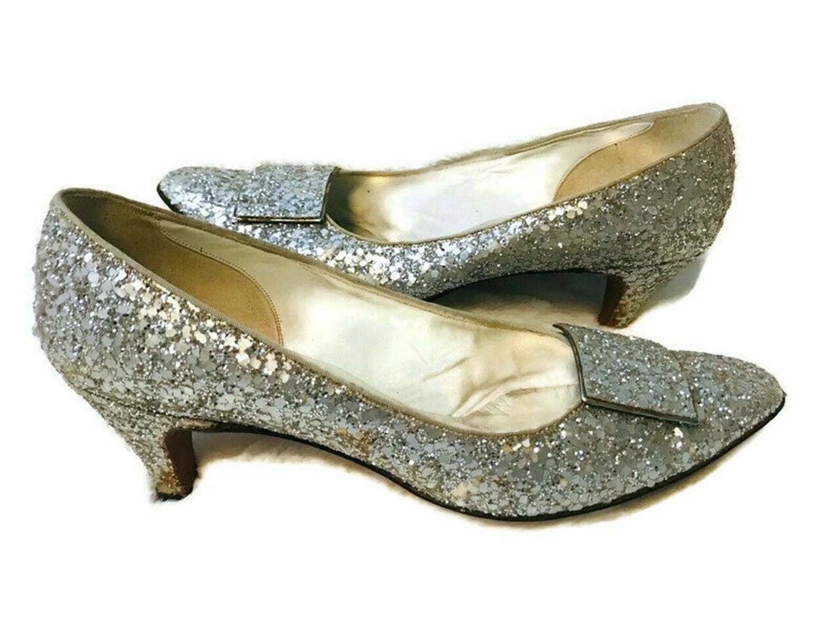 Silver Sequin Heels, Vintage 1960s Shoes Silver Glitter Pumps Size 9AA by Amano eBay