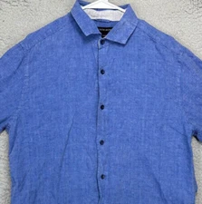 Saks Fifth Avenue Shirt Adult Medium Blue 100% Linen Button Up Classic Fit Mens
