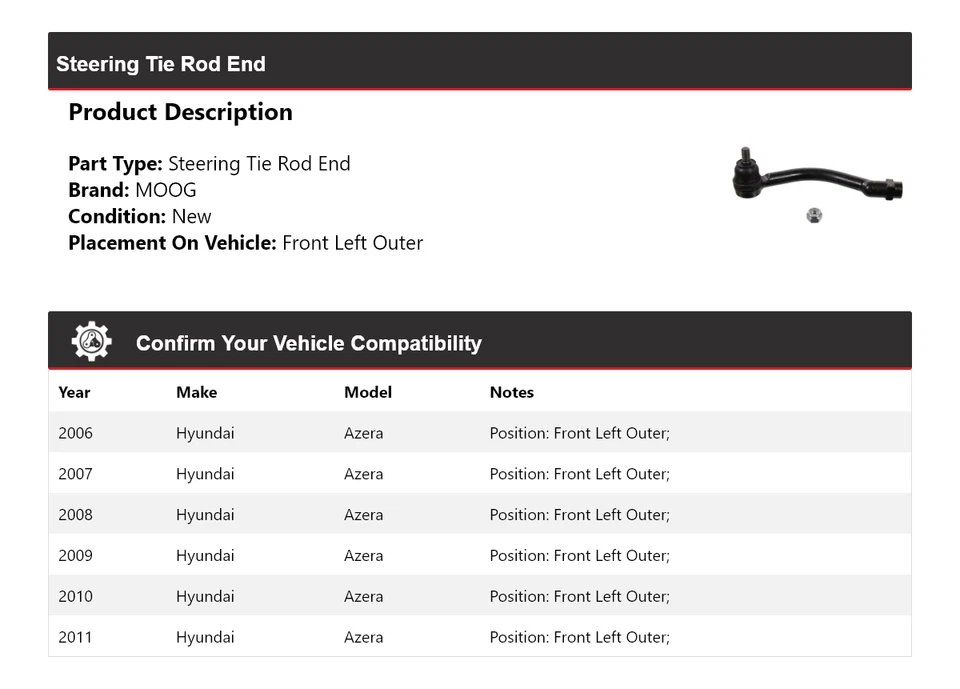 Extremo de barra de dirección exterior delantero izquierdo MOOG 2006 2007 para Hyundai Azera 2006-2011 Foto 2 de 4