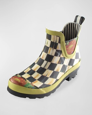 MacKENZIE CHILDS COURTLY CHECK PREMIUM RUBBER CHELSEA ANKLE RAIN BOOTS SZ 6 BNIB