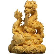 Boxwood Carved Dragon Statue Chinese Mythical Beast Feng Shui Home Office Decor
