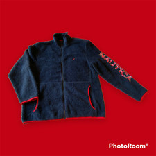Nautica Women's L Fleece Full Zip Jacket Dark Blue w/ Red Trim Logo Embroidered