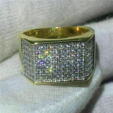 2.10Ct Round Cut Real Moissanite Men's Wedding Pinky Ring 14k Yellow Gold Plated