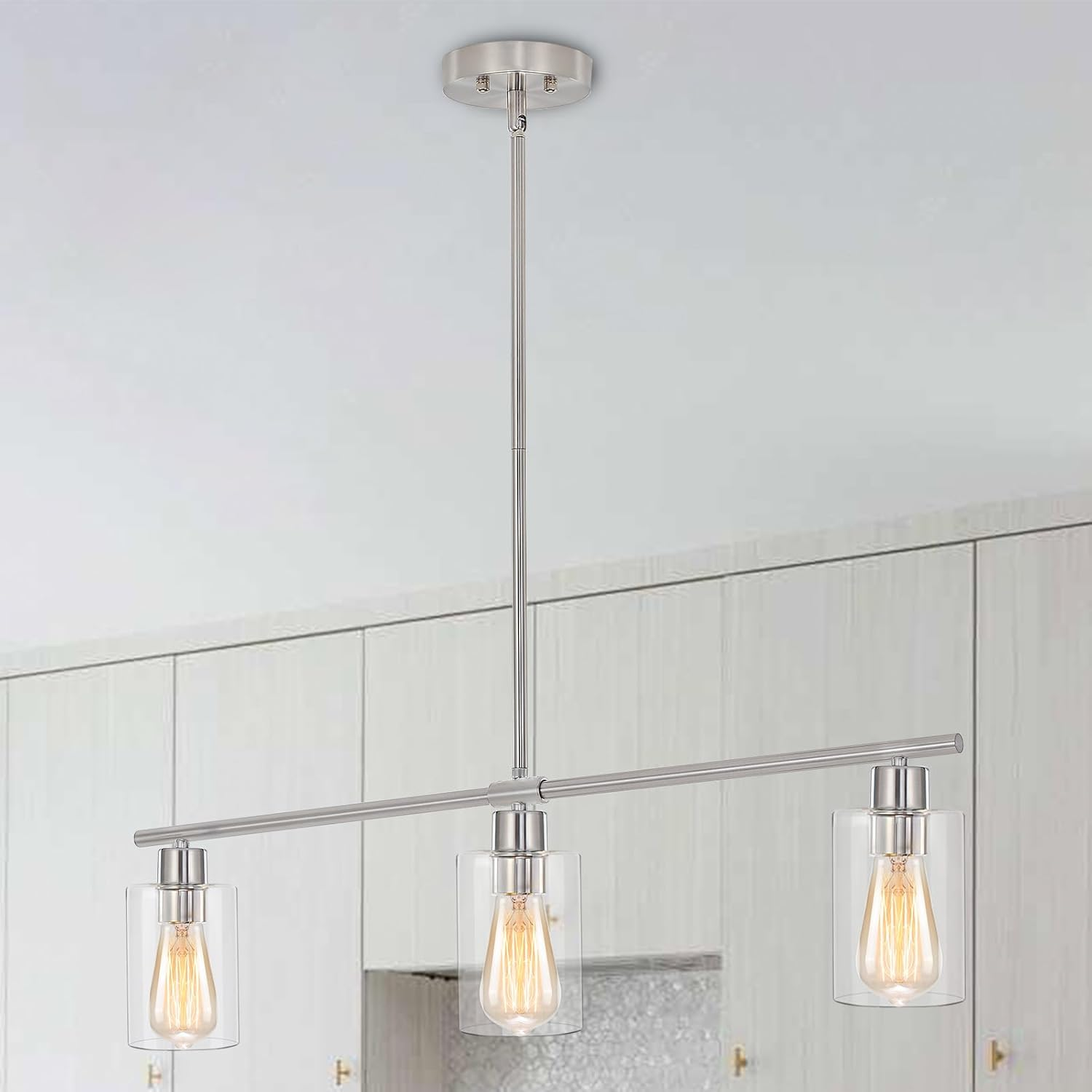 Brushed Nickel 3-Light Modern Kitchen Island Glass Pendant Lighting