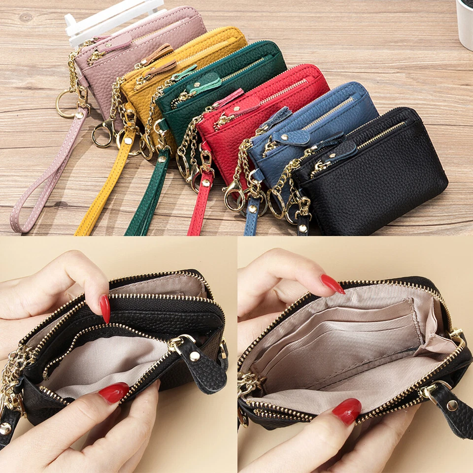 Carteira pequena de couro genuíno com zíper bolso tamanho bolsa chave cartão troca - Imagem 2 de 4