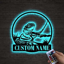 Custom Name Bearded Dragon LED Metal Sign Reptile Wall Decor Night Light