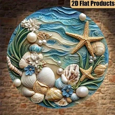 2D Flat, 1pc Retro Starfish & Seashells Metal Wall Art - 7.87 Inch Round Aluminu