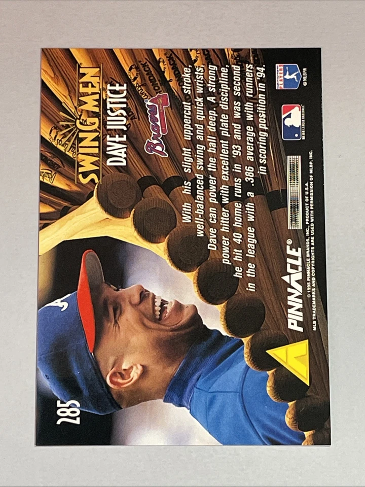 Dave Justice 1995 Pinnacle Swing Men Braves #285 *N296* - Image 2 of 2
