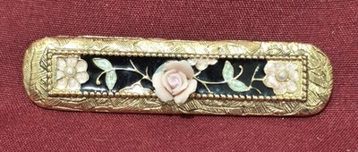 Gorgeous Black Enamel Cloisonne Look Raised Pink Porcelain Rose Pin 2.25'' EUC