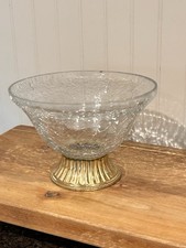 Vintage 6" Crackle Glass Compote Bowl on Fluted Brass Pedestal