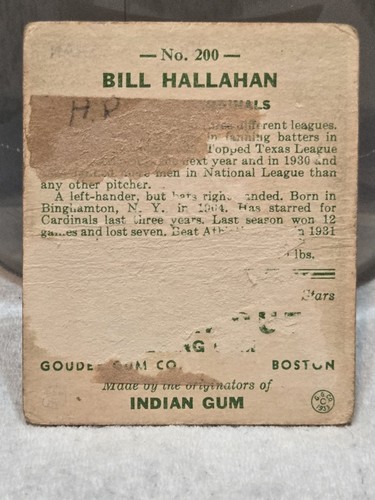 1933 Goudey Big League Chewing Gum R319 Bill Hallahan #200 Rookie RC - Picture 2 of 2
