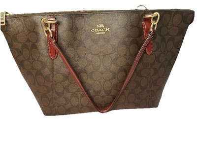 Coach Signature Logo Brown Zip Tote Bag Red Double Leather Handles Gold Hardware