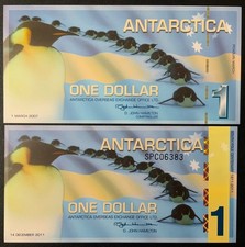 2007 & 2011 ANTARCTICA PAPER MONEY - ONE DOLLAR UNCIRCULATED FANTASY BANKNOTES!