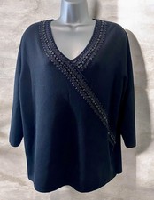 Casamia Exclusive Women’s Top Black Embellished Trim 3/4 Sleeves Size L