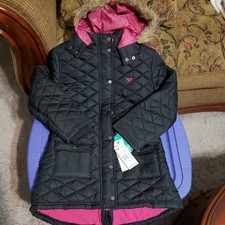 ROXY Girls Quilted Fleece Lined Coat Size M Removable Fur Trim Hood NWT 125