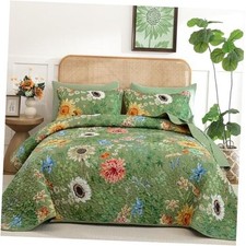 Floral Quilts Queen Size Bedspreads Bedding Set, 3 Pieces Queen 96"x90" Green