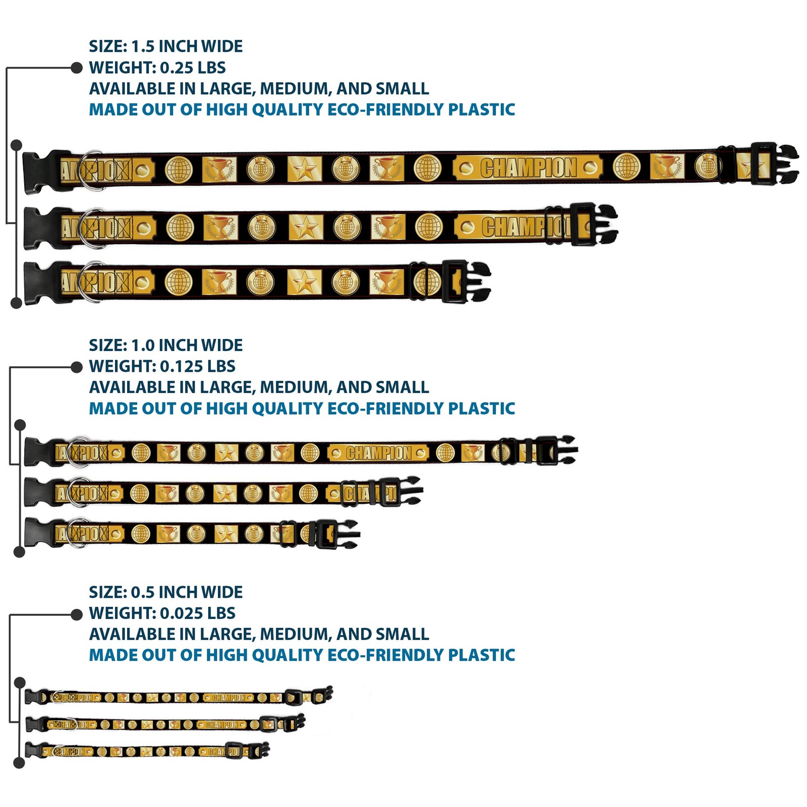 Plastic Clip Collar CHAMPION Belt/Icons Black/Golds Large 15-24"