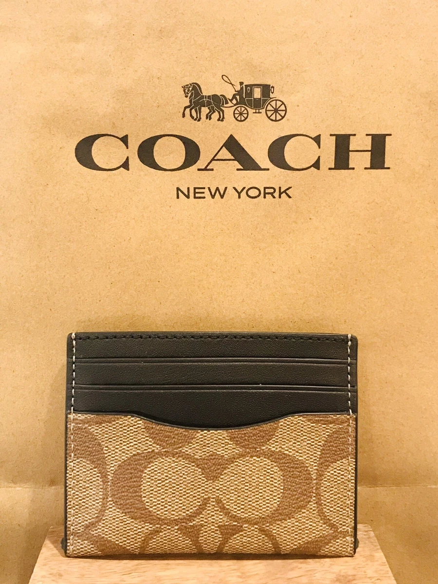 NWT COACH Signature Slim ID Card Case Canvas Leather Wallet 58110 Gunmetal Tan