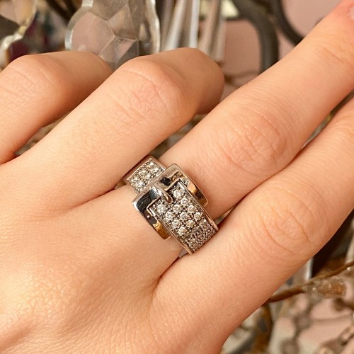 14 KT White Gold Pave Diamond Bar Belt Buckle Band Ring Design Estate Right Hand - 第 9/12 張圖片