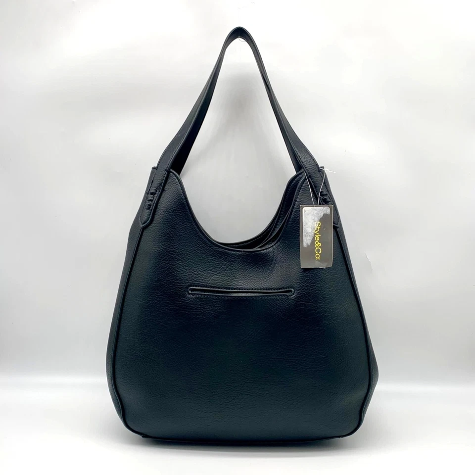 Bolso Hobo Style & Co Cuero Guijarro Negro Punto de Látigo Triple Compartimento Foto 3 de 4