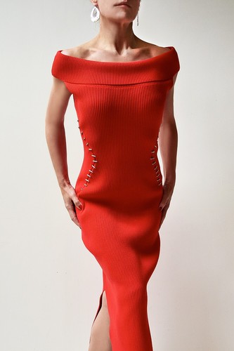 MUGLER Red Ribbed Crepe Knit Off-the-Shoulder Long Midi Dress Sz XL $1200 USD