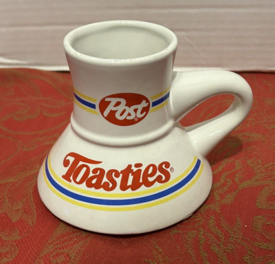 Vintage Post Toasties Wide Bottom Travel Coffee Mug Cup Ceramic Blue Yellow Red