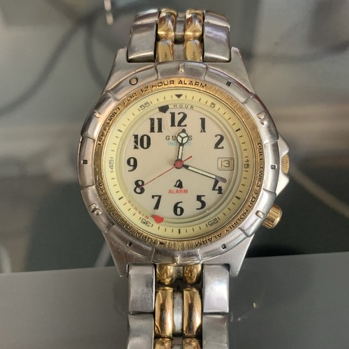 VTG GUESS Quartz Watch Men Analog Alarm Indiglo Rotating Bezel Date Light Works